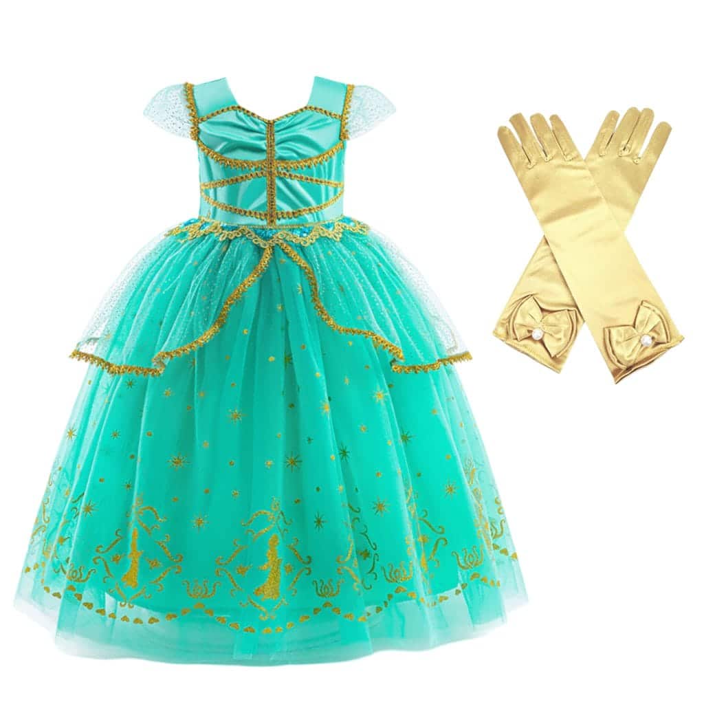 Turquoise jasmine jurk van Lunja met gouden sierbanden, tule rok met sterren en bijpassende lange gouden handschoenen.