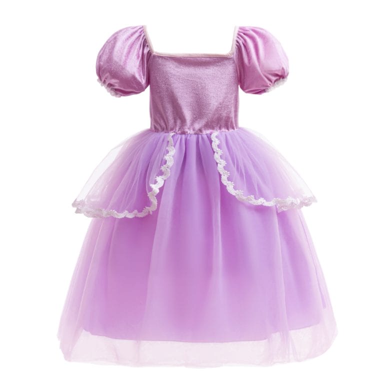 Paarse Rapunzel prinsessenjurk met pofmouwen, tule rok en witte kanten versiering