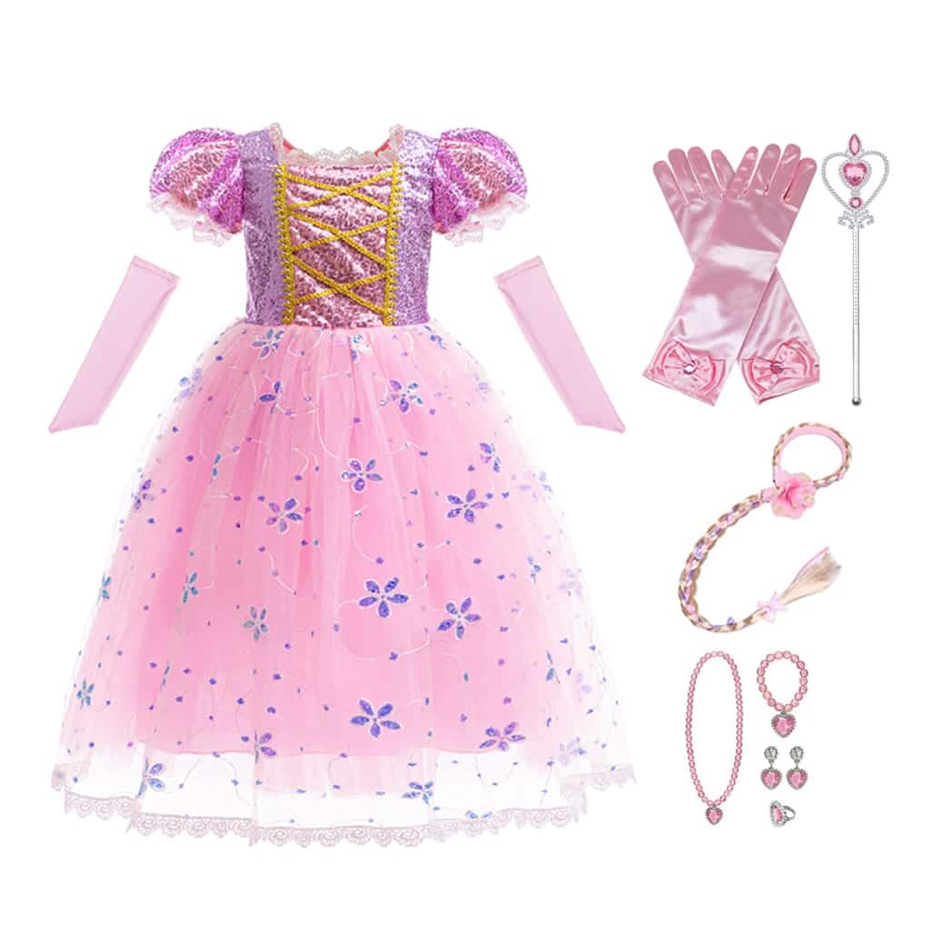Roze Rapunzel prinsessenjurk van Lunja met paarse glittertop, bloemenrok en bijpassende roze handschoenen, staf en sieraden