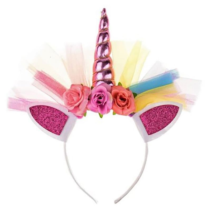 Roze unicorn haarband van Het Betere Merk met glinsterende oren, gedraaide hoorn, bloemen en kleurrijke organzalinten