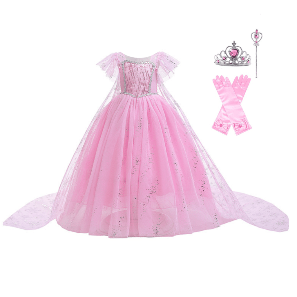 Roze Elsa jurk met lange rok, tiara, toverstaf en handschoenen los op een witte achtergrond