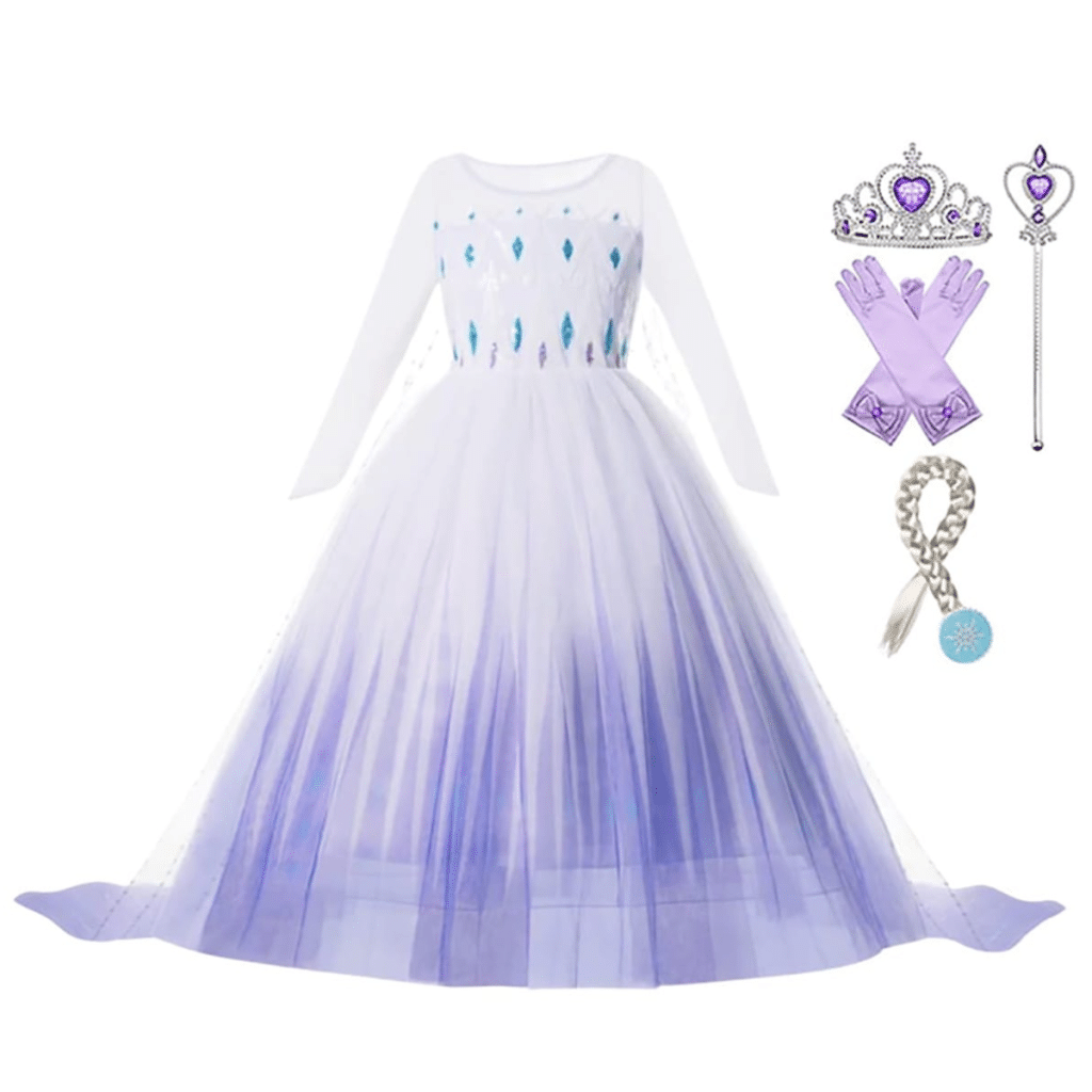 Witte Elsa jurk met blauwe kristallen, lila rok, sleep en accessoires zoals kroon, handschoenen en staf