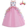 Roze unicorn jurk met gelaagde tule rok, bloemenversiering en bijpassende eenhoornhaarband