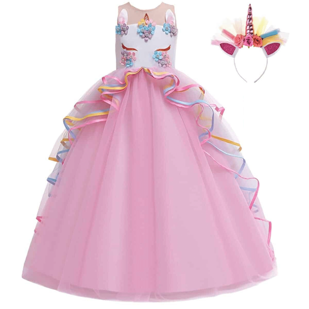 Roze unicorn jurk met gelaagde tule rok, bloemenversiering en bijpassende eenhoornhaarband