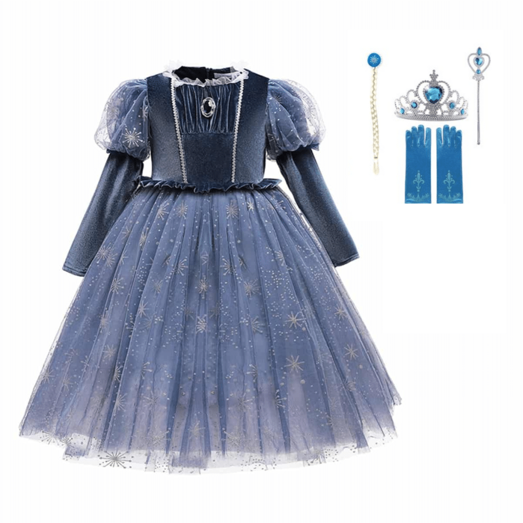 Blauwe Elsa prinsessenjurk met doorschijnende mouwen en sneeuwvlokken, met tiara, toverstaf en handschoenen.