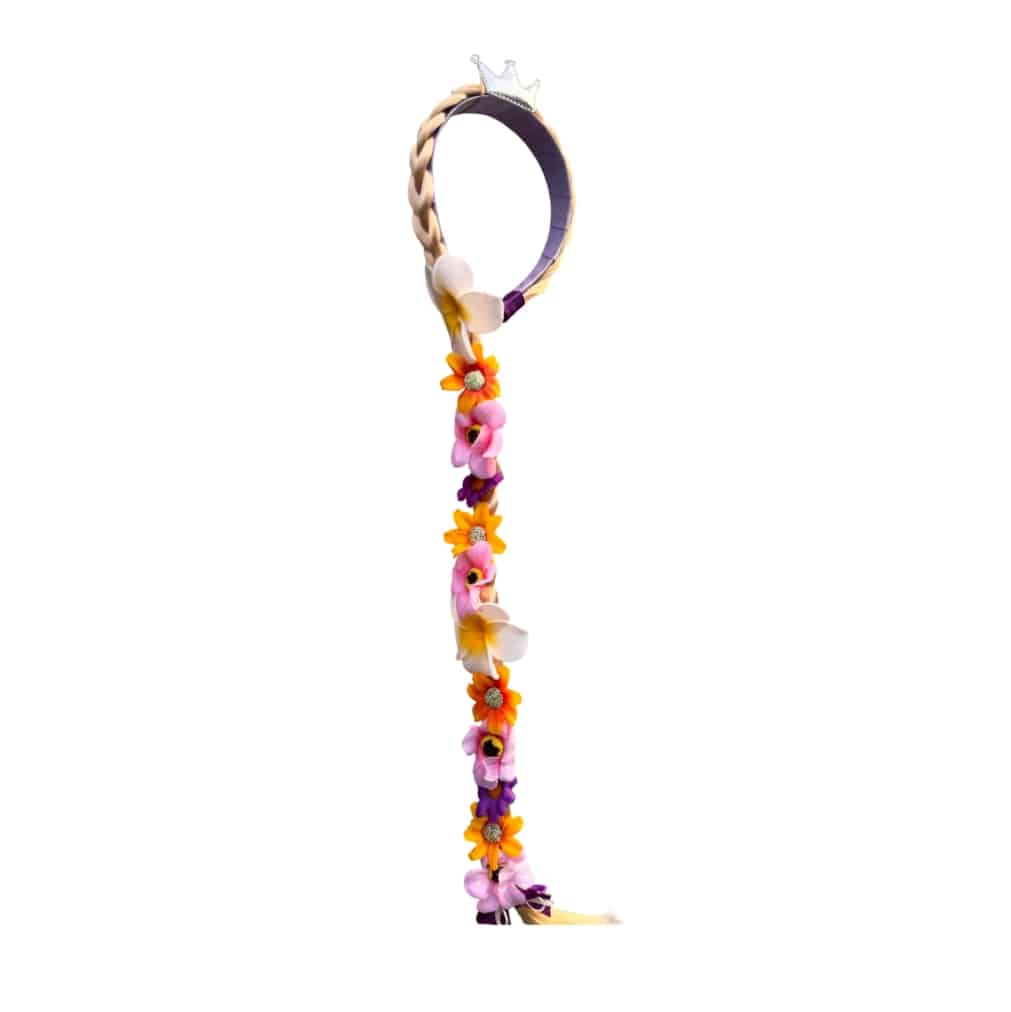 Rapunzel vlecht met paarse en roze bloemen, een gevlochten haarband met kroontje van Het Betere Merk