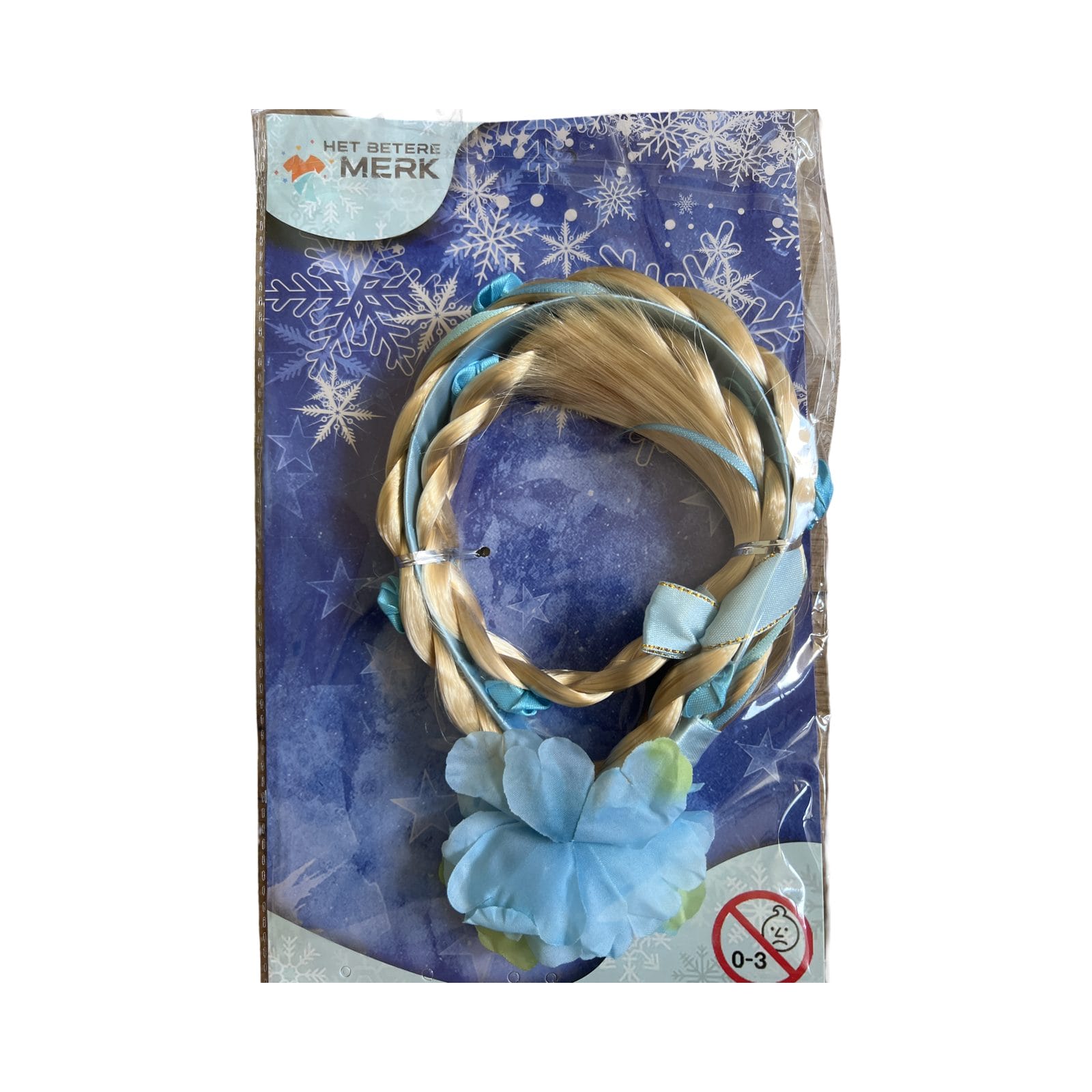 Elsa haarband met vlecht in blauw en blond, verpakt in een doorzichtige verpakking met blauwe bloemen.
