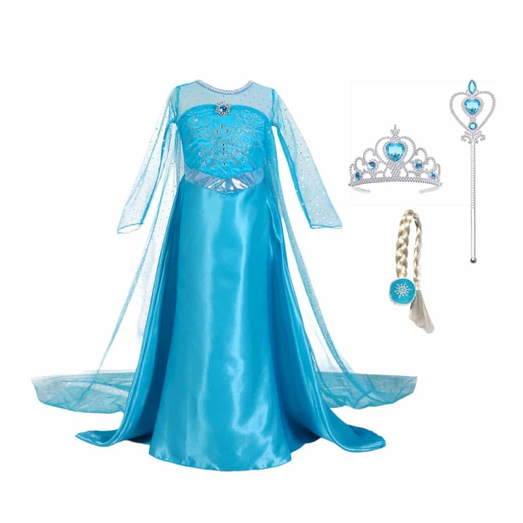 Lunja elsa frozen jurk in blauw, plat gelegd met bijpassende tiara, toverstaf en blonde vlecht.