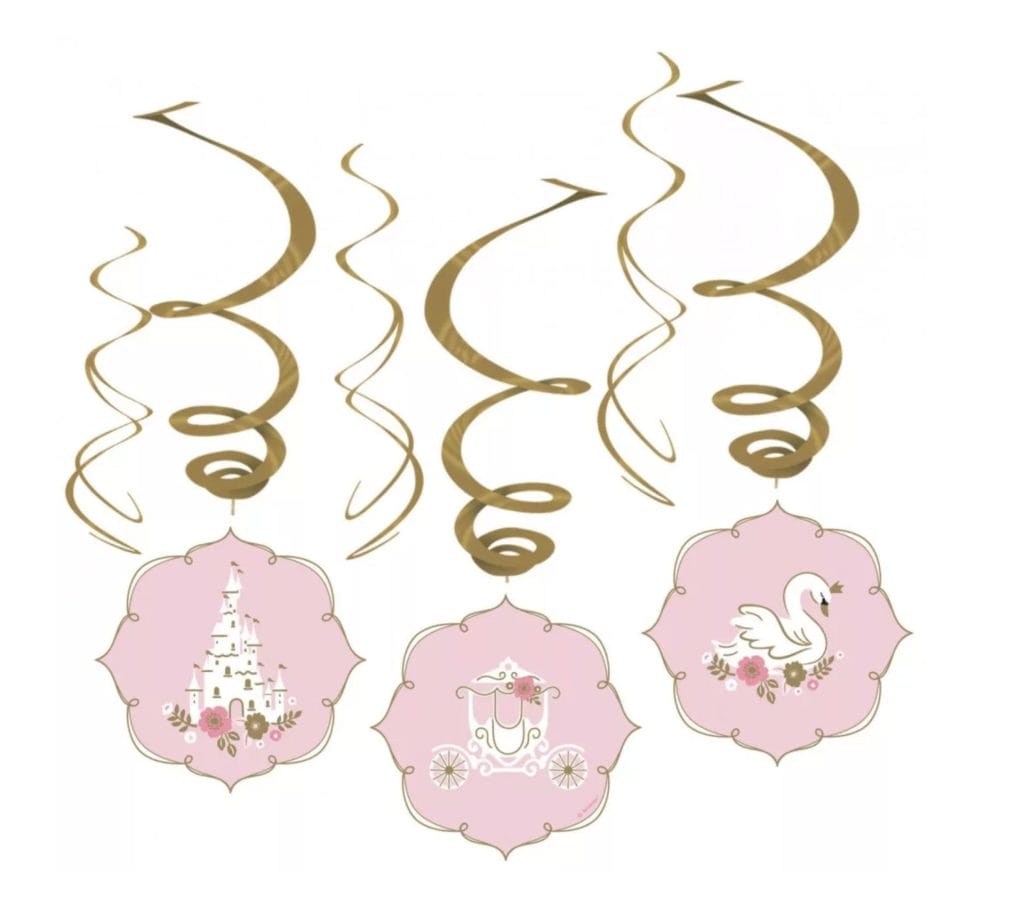 Prinsessen slingers met drie roze hangers en gouden swirls, versierd met een kasteel, koets en zwaan