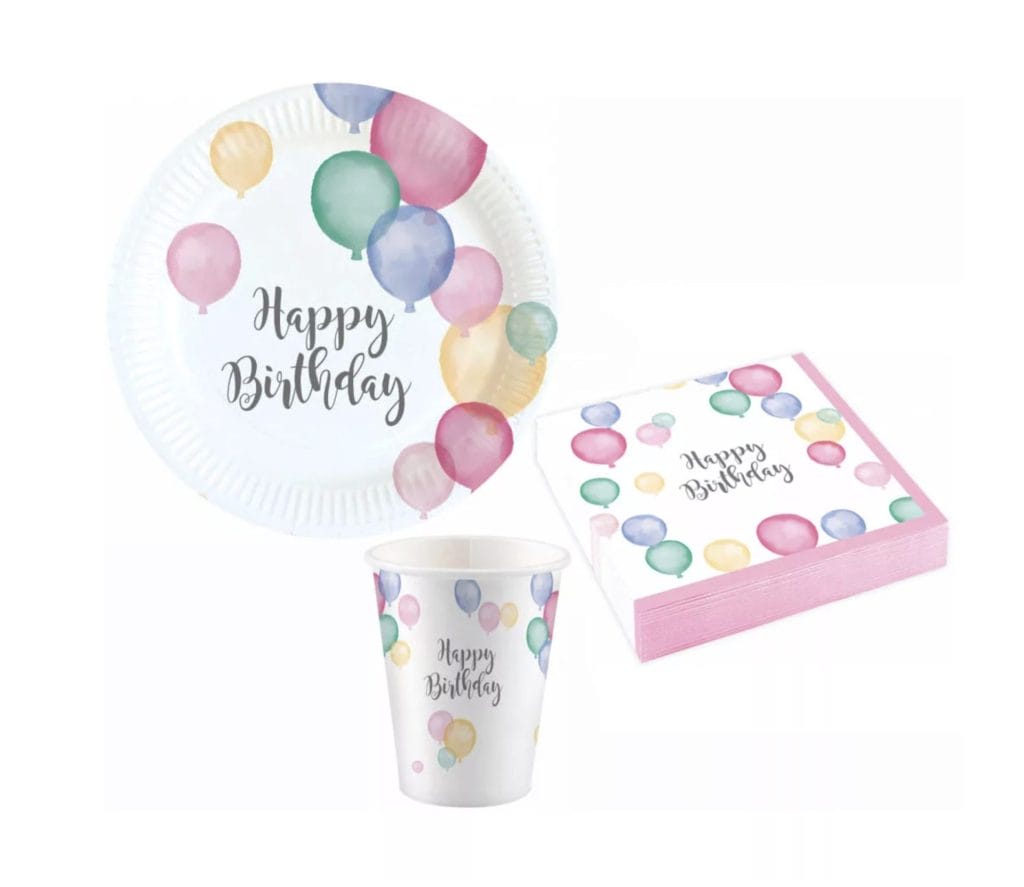 Javoli feestpakket Happy Birthday met bord, bekertje en servetten met kleurrijke ballonnen voor kinderfeestje versiering