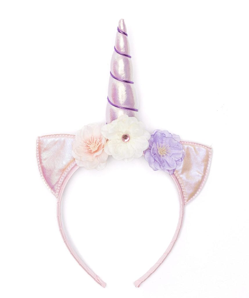 Pastelkleurige unicorn haarband met roze oren, glanzende hoorn en drie bloemen in wit, roze en lila