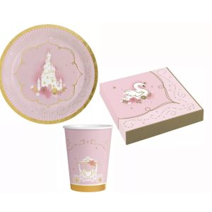 Roze prinsessen feest box van Javoli met bord, beker en servetten met kasteel- en zwaandecoratie