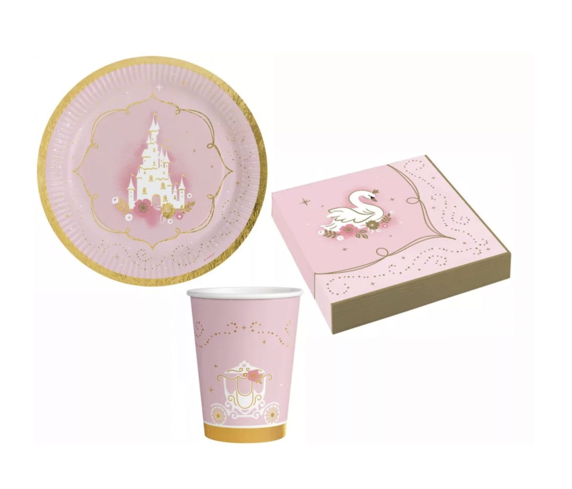 Roze prinsessen feest box van Javoli met bord, beker en servetten met kasteel- en zwaandecoratie