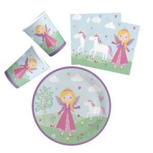 Javoli prinsessen feestpakket met bekers, servetten en een bord met een prinses en eenhoorn