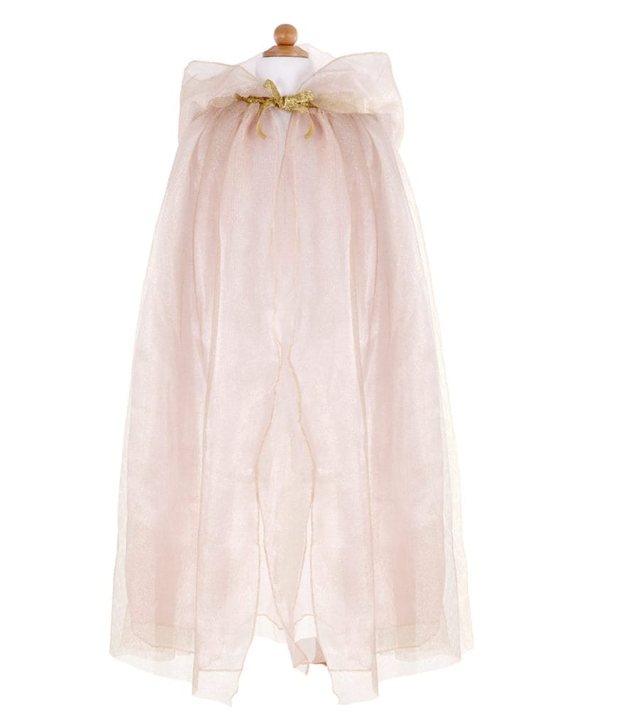 Roze en gouden prinsessen cape van transparante organza met strik, hangend aan een houten kleerhanger
