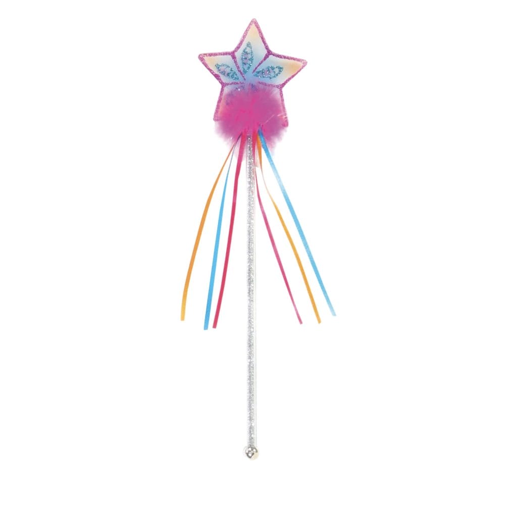 Fuchsia regenboog-toverstaf voor kinderen met een glitterster, gekleurde linten en een zilverkleurige steel