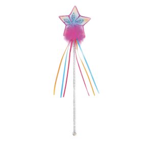 Fuchsia regenboog-toverstaf voor kinderen met een glitterster, gekleurde linten en een zilverkleurige steel