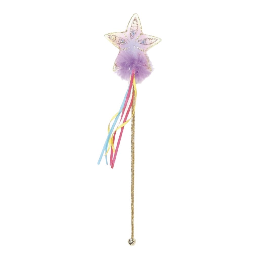 Regenboog prinsessen toverstaf met glitterster, paarse pluim en gekleurde linten
