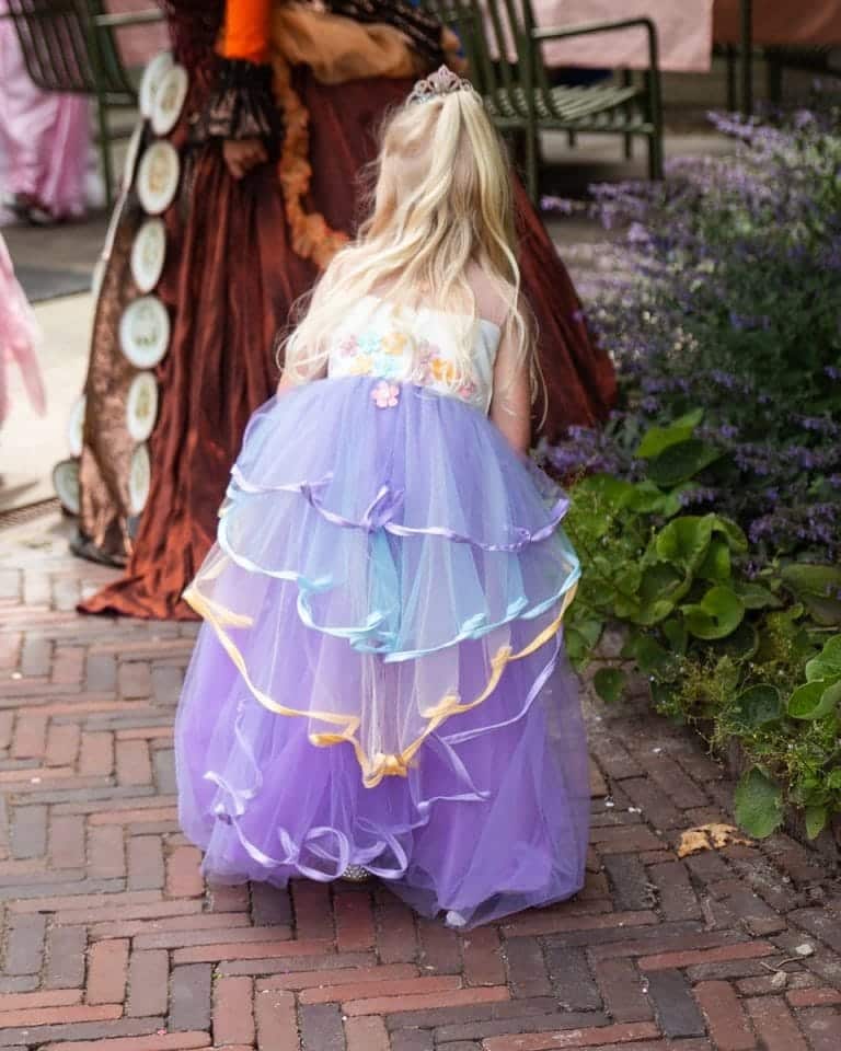 Meisje van achteren in de paarse prinsessenjurk van Het Betere Merk, met gelaagde tule rok en haarband.