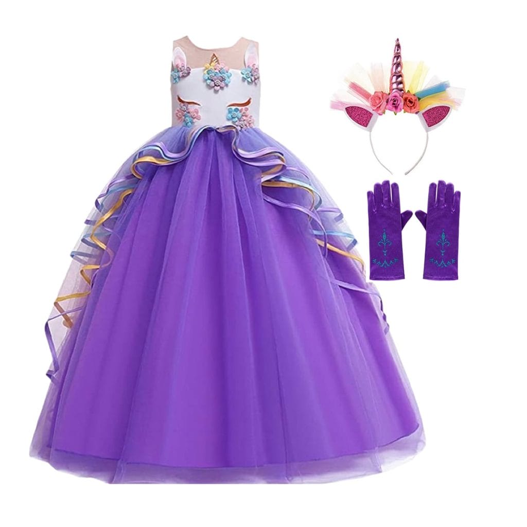 Paarse unicorn prinsessenjurk met tule rok, bijpassende haarband met oren en paarse handschoenen