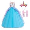 Blauwe unicorn prinsessenjurk met tule rok, roze haarband met hoorn en bijpassende handschoenen