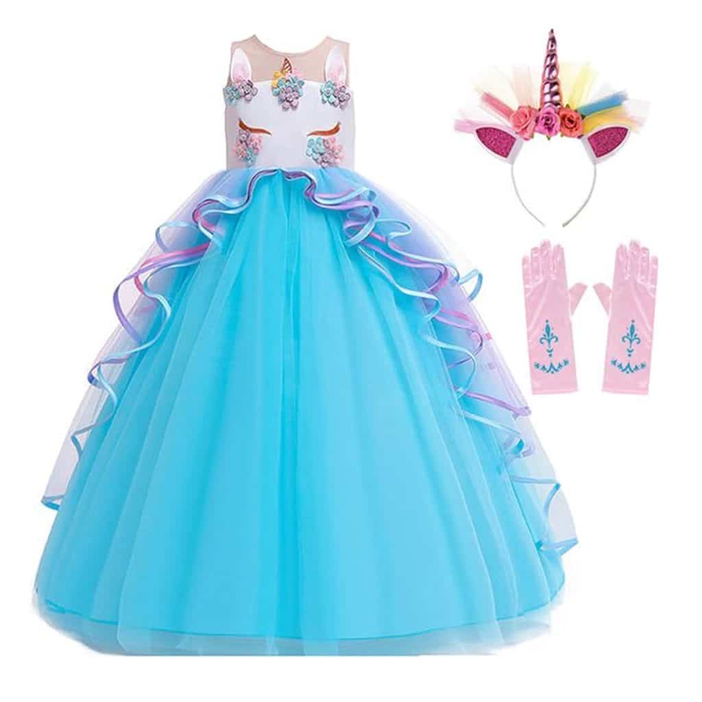 Blauwe unicorn prinsessenjurk met tule rok, roze haarband met hoorn en bijpassende handschoenen