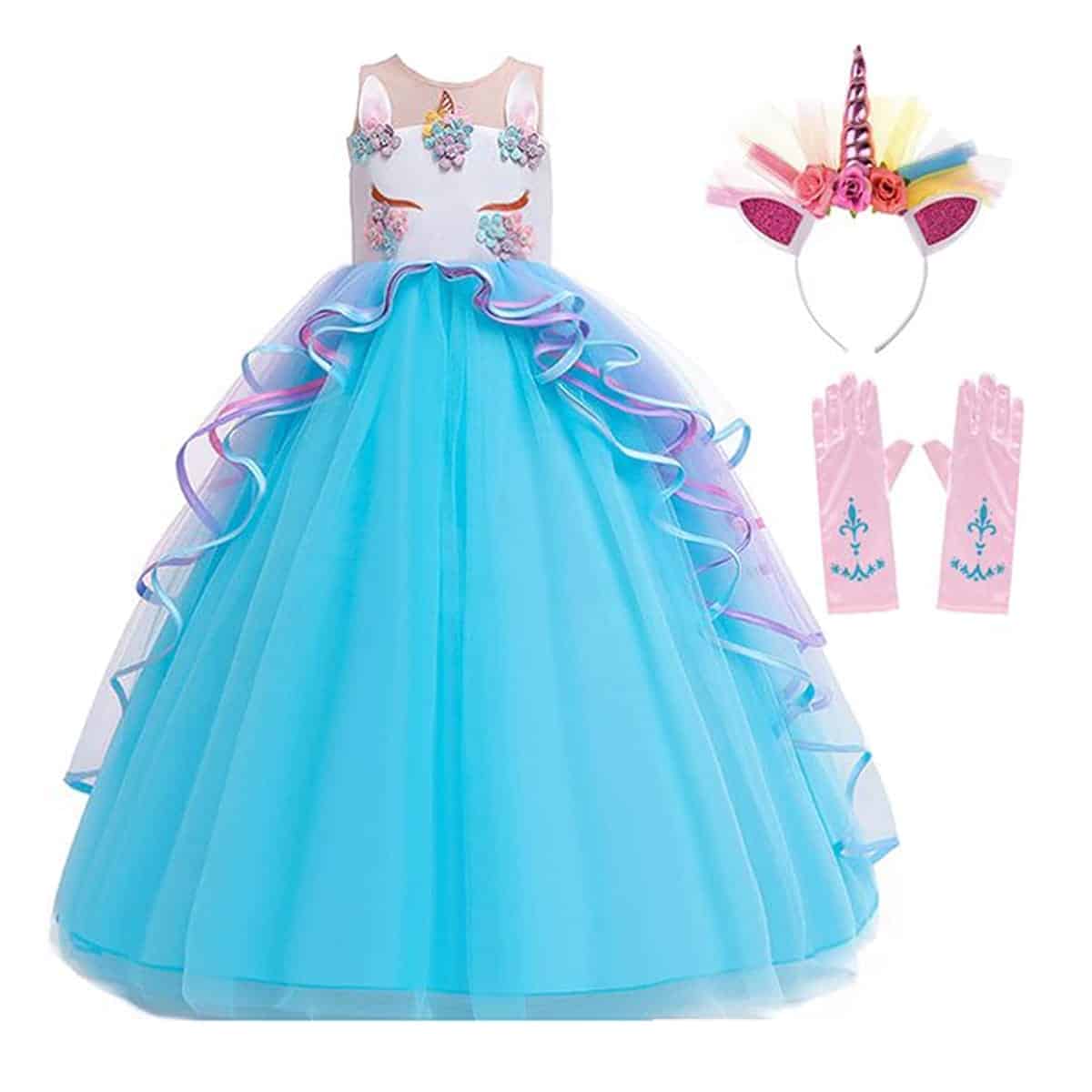 Blauwe unicorn prinsessenjurk met tule rok, roze haarband met hoorn en bijpassende handschoenen
