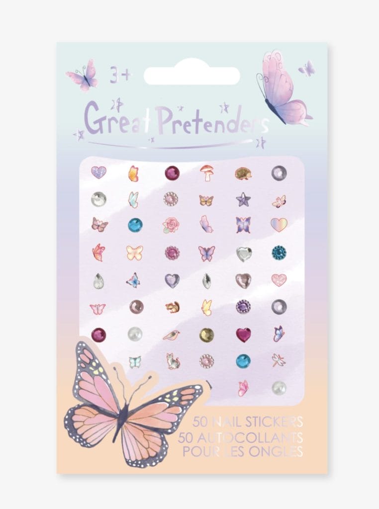 Verpakking met 50 vlinder nagels van Great Pretenders, met kleurrijke vlinder- en hartjesstickers voor kinderen