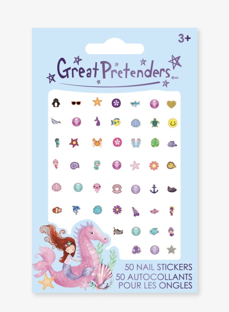 Verpakking met 50 zeemeermin nagels van Great Pretenders, met kleurrijke zeedieren en een zeemeerminillustratie