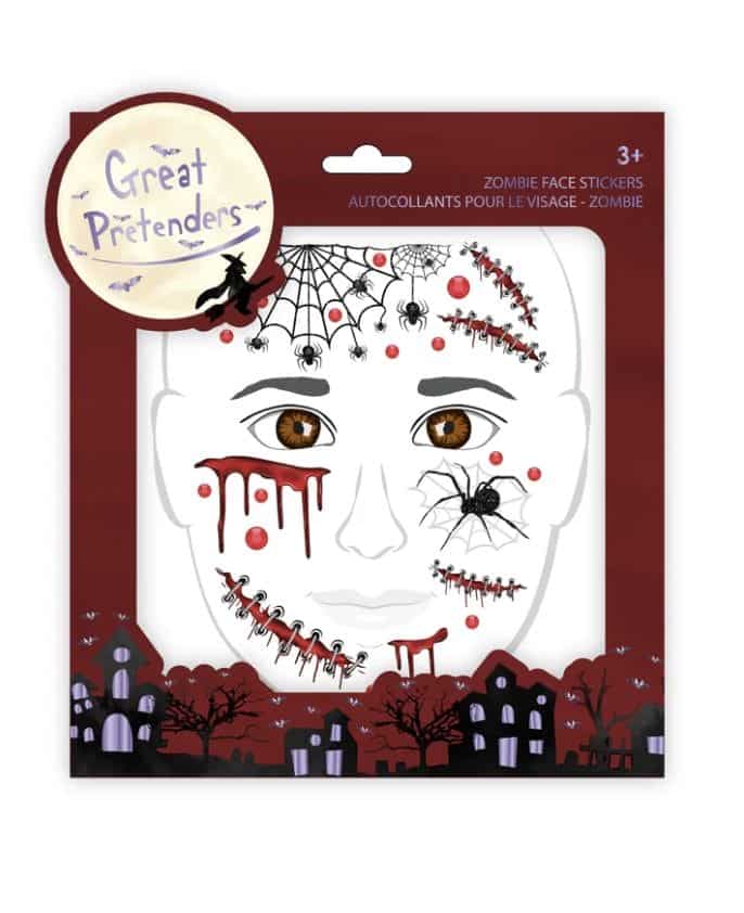 Verpakking met gezicht stickers kristallen Zombie van Great Pretenders, met spinnenwebben, bloedsporen en zombieversieringen