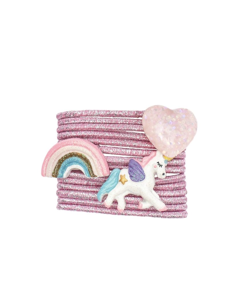 Twaalf roze haarelastiekjes van Great Pretenders met een regenboog, hartje en eenhoorn