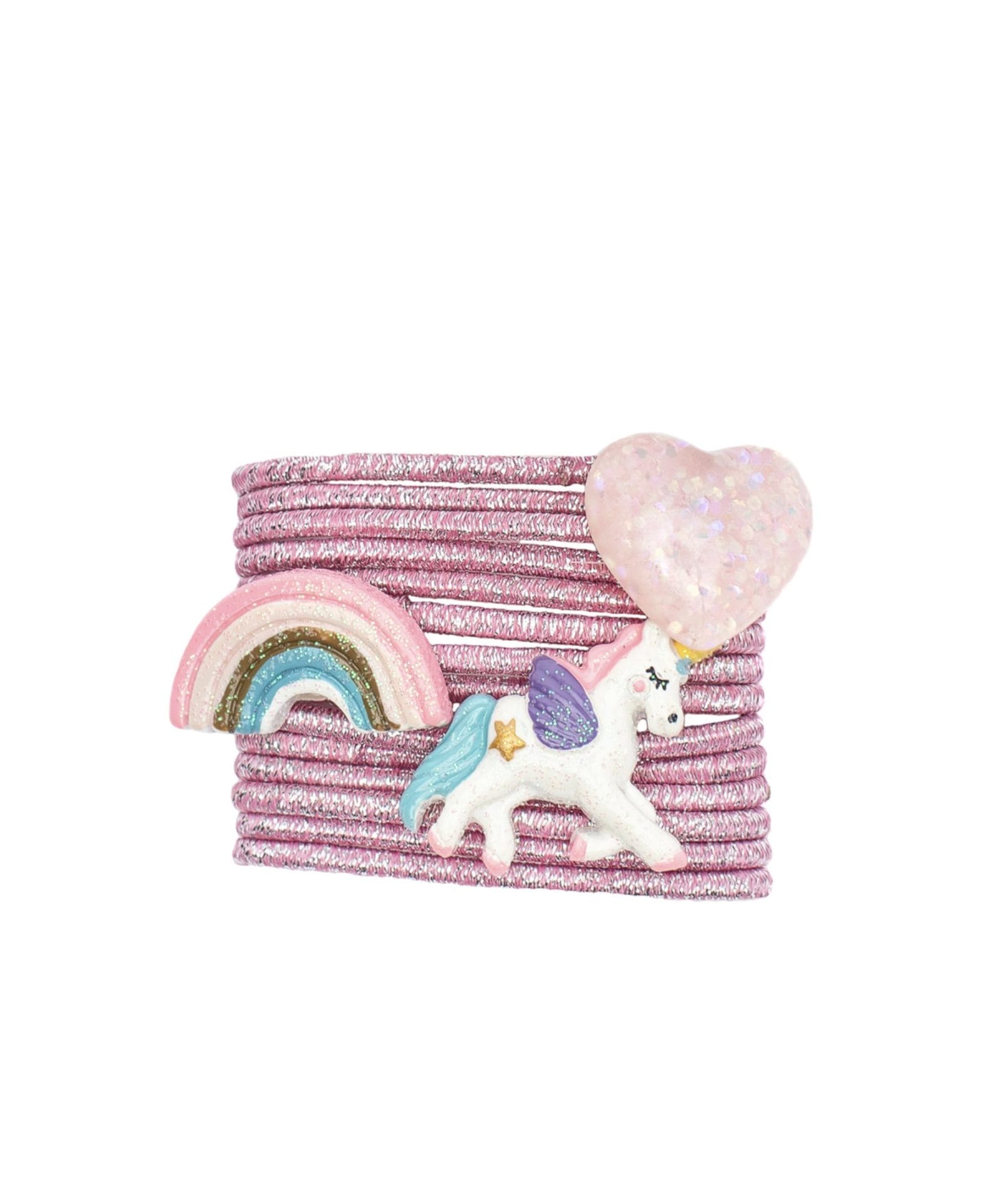 Twaalf roze haarelastiekjes van Great Pretenders met een regenboog, hartje en eenhoorn