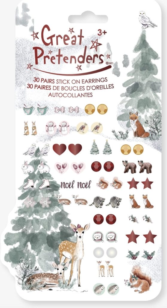 Verpakking met 30 paar Great Pretenders plakoorbellen met winterse bosdieren, bomen en sterren