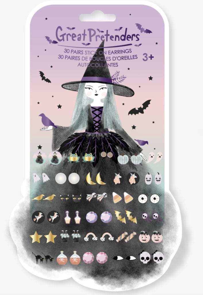 Verpakking met 30 paar plakoorbellen Natasha de Heks van Great Pretenders, met heksen- en Halloweenmotieven.
