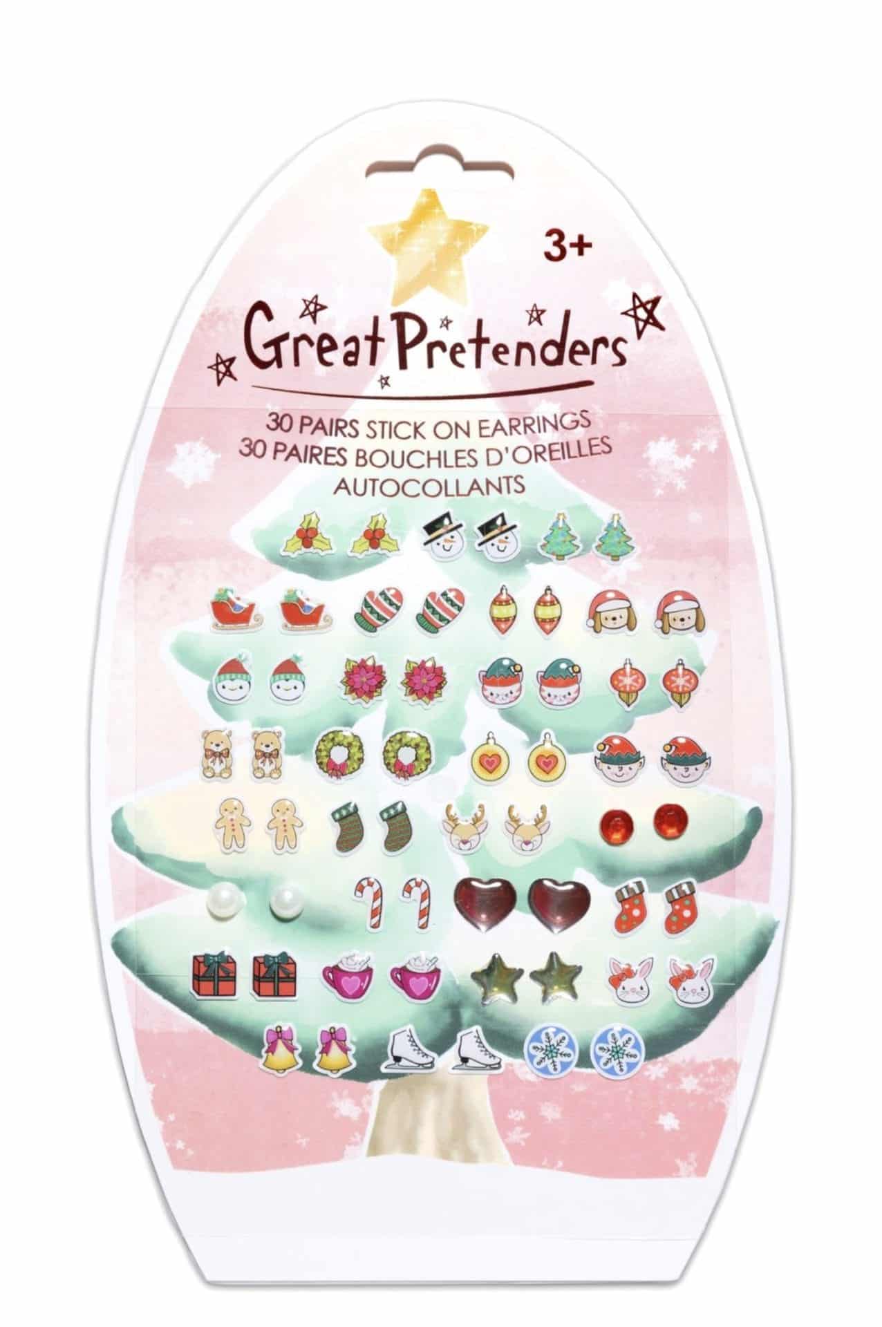 Verpakking met 30 paar plakoorbellen van Great Pretenders met kleurrijke kerstmotieven