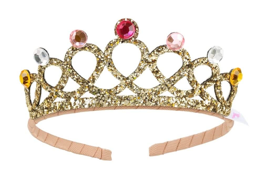 Gouden Souza kroon tiara Emy met glitterversiering en gekleurde diamantjes op een haarband