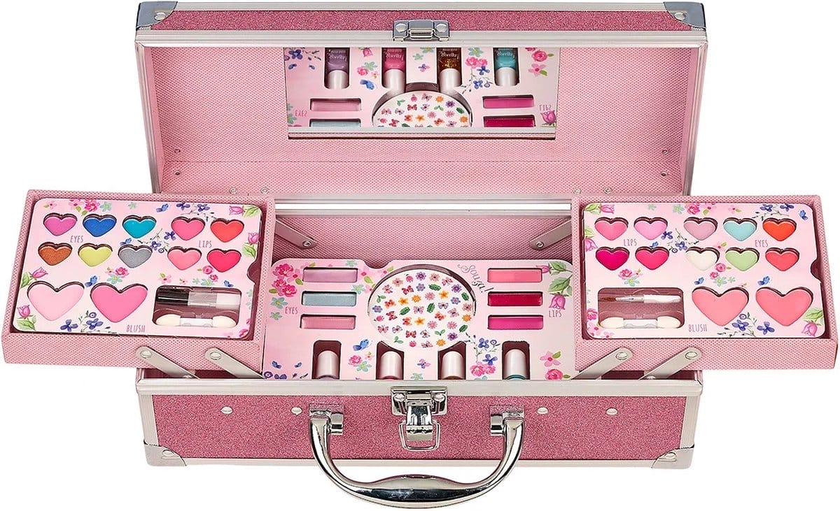 Geopende roze kinder beautycase met vakken vol nagellak, lipgloss, oogschaduw en blush