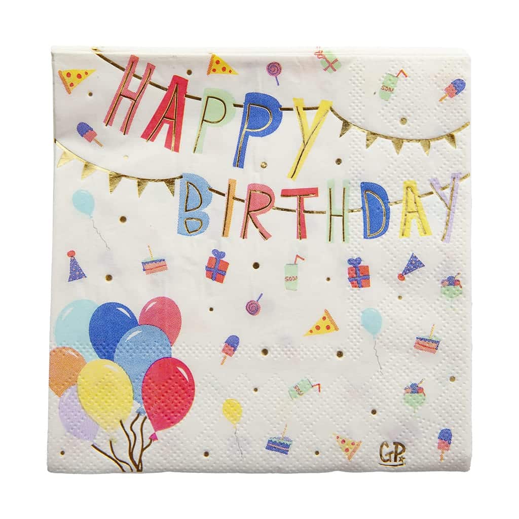 Happy Birthday-servet met kleurrijke letters, ballonnen, taartjes en feestelijke vlaggetjes, uit de set van Great Pretenders