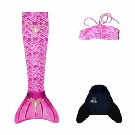 Roze zeemeerminstaart met bikini, een zwarte vin en glanzende schubben, plat naast elkaar gelegd