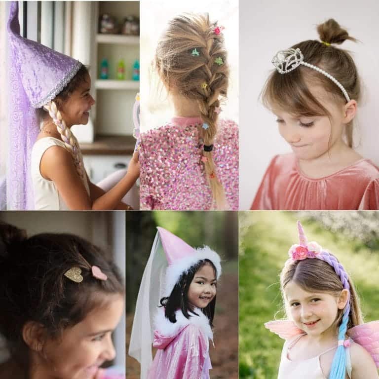 Haaraccessoires voor meisjes, gedragen door kinderen met vlechten, haarclips, een diadeem en een kleurrijke haarband in een collage.