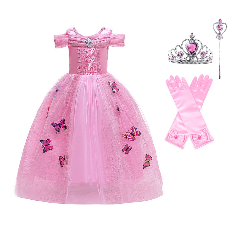 Roze Doornroosje prinsessenjurk met vlinderdecoratie, tiara, toverstaf en lange handschoenen uit de accessoireset