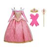 Roze Doornroosje jurk met tiara, toverstaf en lange fuchsia handschoenen, los uitgestald op een witte achtergrond.
