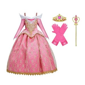 Roze Doornroosje jurk met tiara, toverstaf en lange fuchsia handschoenen, los uitgestald op een witte achtergrond.
