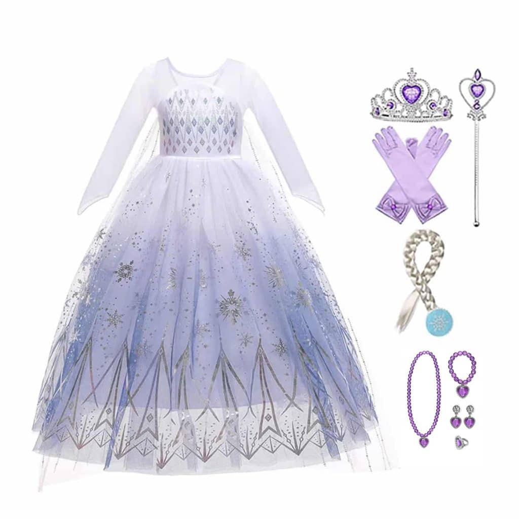 Witte Elsa jurk met kristallen details, tule rok en bijpassende accessoires zoals kroon, handschoenen en sieraden