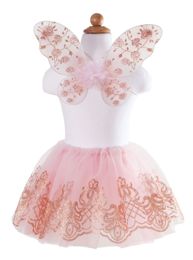 Roze tule rok carnaval met roségouden glittermotieven en bijpassende feeenvleugels op een paspop.