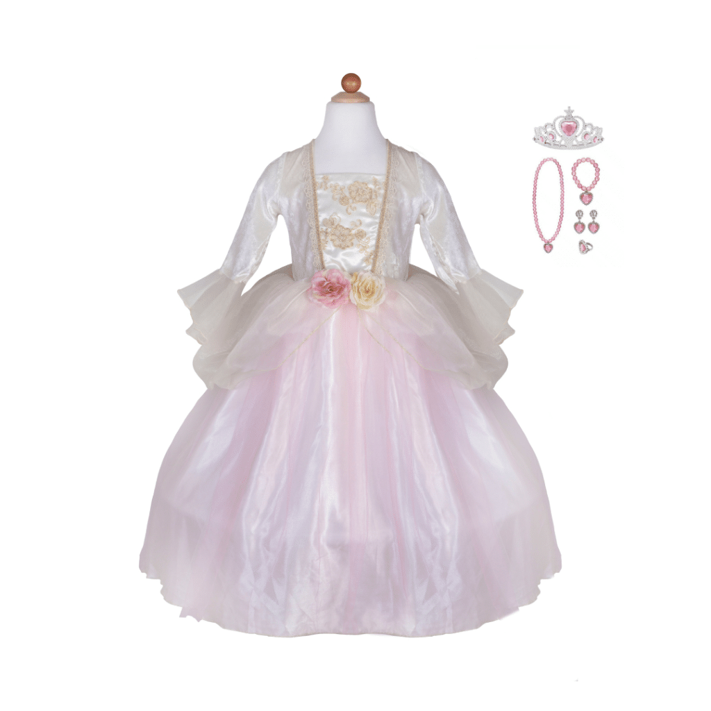 Roze prinsessenjurk met goudkleurige details en bijpassende tiara, ketting, oorbellen en ring