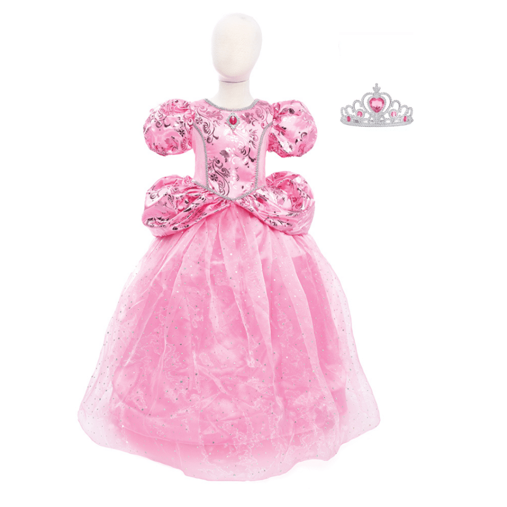 Roze prinsessenjurk met gebloemd lijfje, pofmouwen en wijde glitterrok naast een zilverkleurige prinsessenkroon