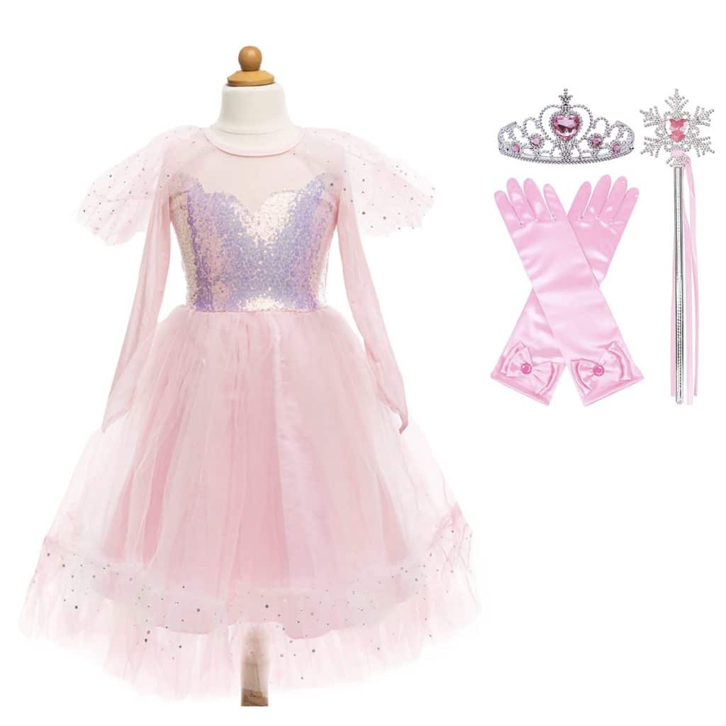 Roze prinsessenjurk met glinsterend lijfje, tule rok en bijpassende kroon, handschoenen en toverstaf