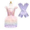 Regenboog jurk kind met roze lijfje, gelaagde pastelkleurige tutu en losse lila handschoenen met strikken