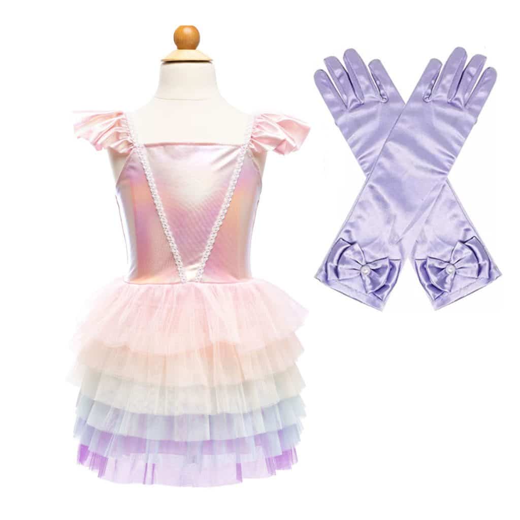 Regenboog jurk kind met roze lijfje, gelaagde pastelkleurige tutu en losse lila handschoenen met strikken